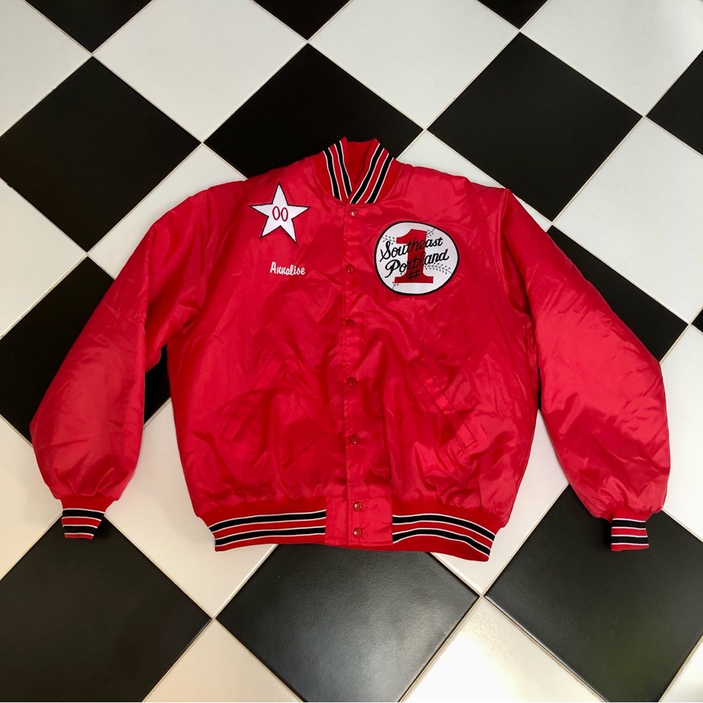 Vintage 70s 80s Bright Red Birdie Satin Varsity Jacket Bomber Portland Softball